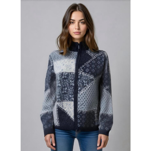 Talbots Women's Cardigan Merino Wool Zipper Closure Size Med Blue Patchwork Twee - Picture 1 of 13